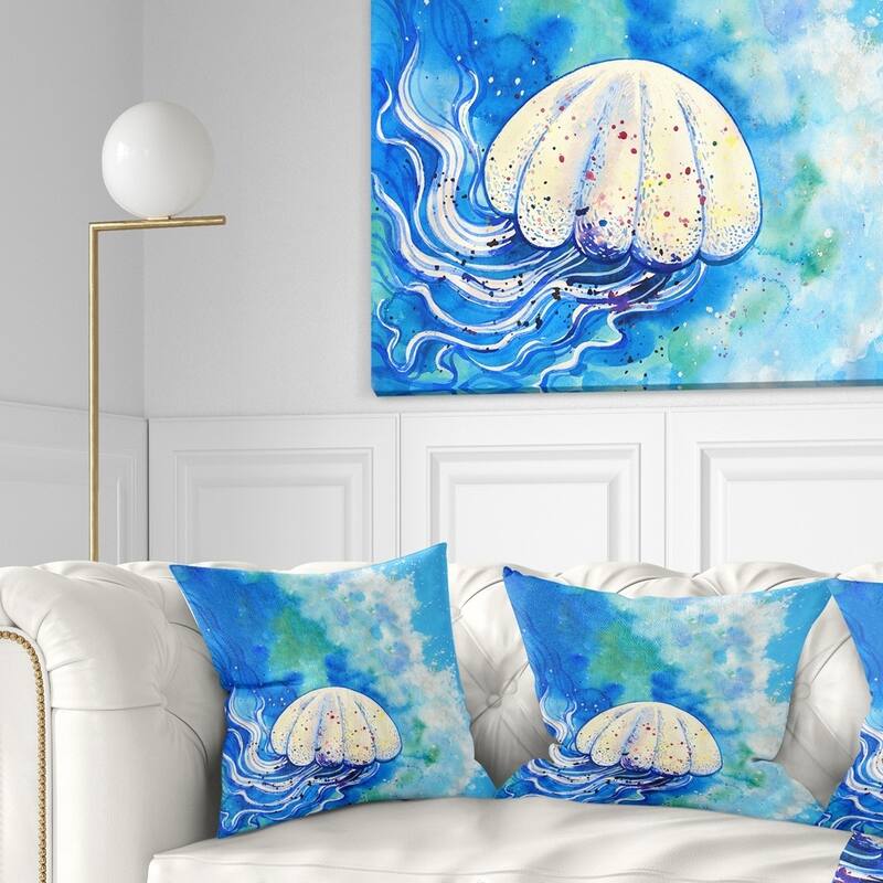 Designart 'Large Jellyfish Watercolor' Abstract Throw Pillow - Square - 18 in. x 18 in. - Medium