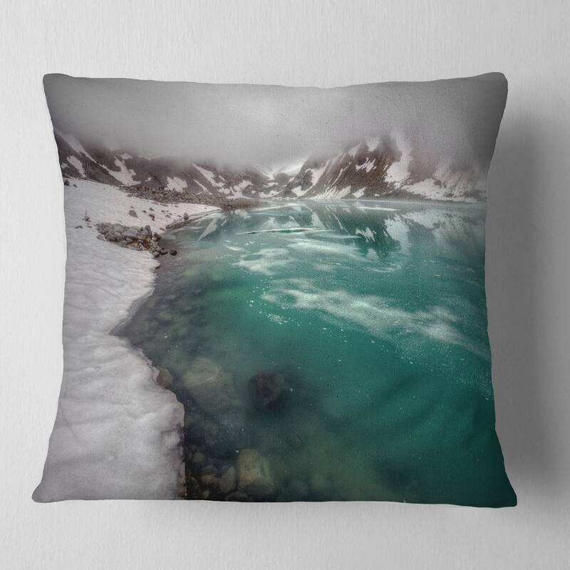 Designart 'Lake With Icy Topped Mountains' Landscape Printed Throw Pillow - Square - 18 in. x 18 in. - Medium