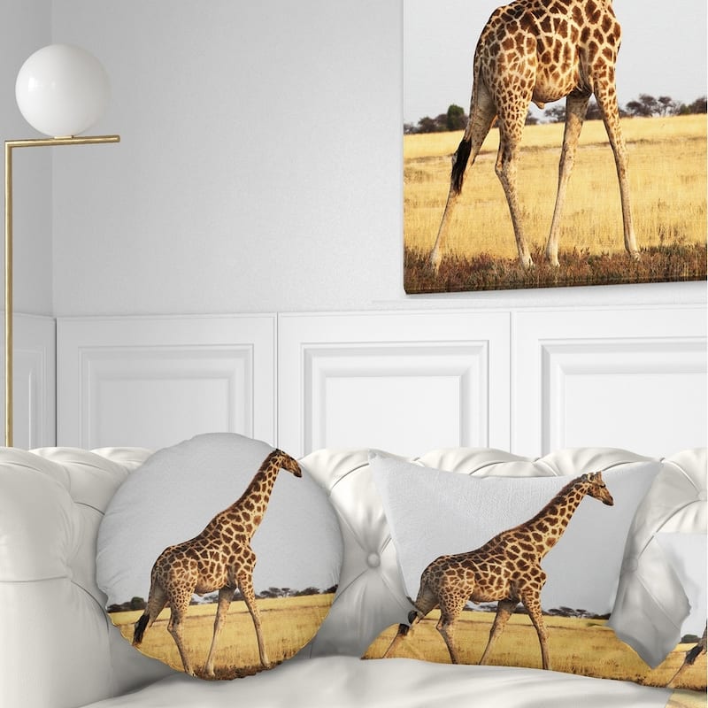 Designart 'Single Giraffe in Africa Walking' African Throw Pillow - Round - 16 inches round - Small