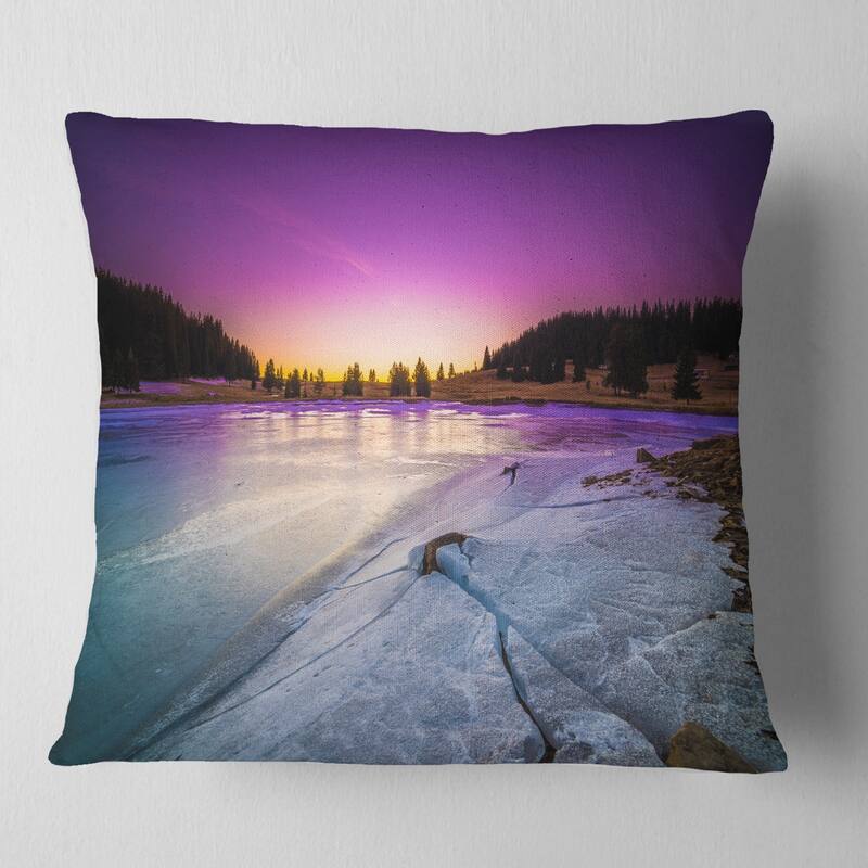Designart 'Sunrise over Frozen Lake' Landscape Printed Throw Pillow - Square - 16 in. x 16 in. - Small