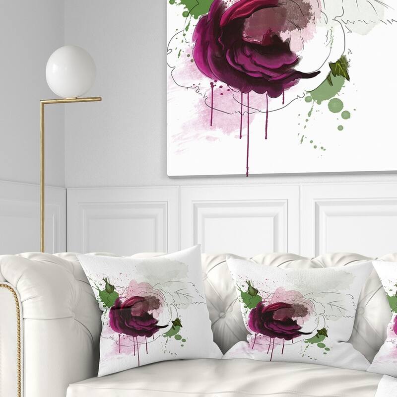 Designart 'Purple Rose Sketch Watercolor' Floral Throw Pillow - Square - 26 in. x 26 in. - Large