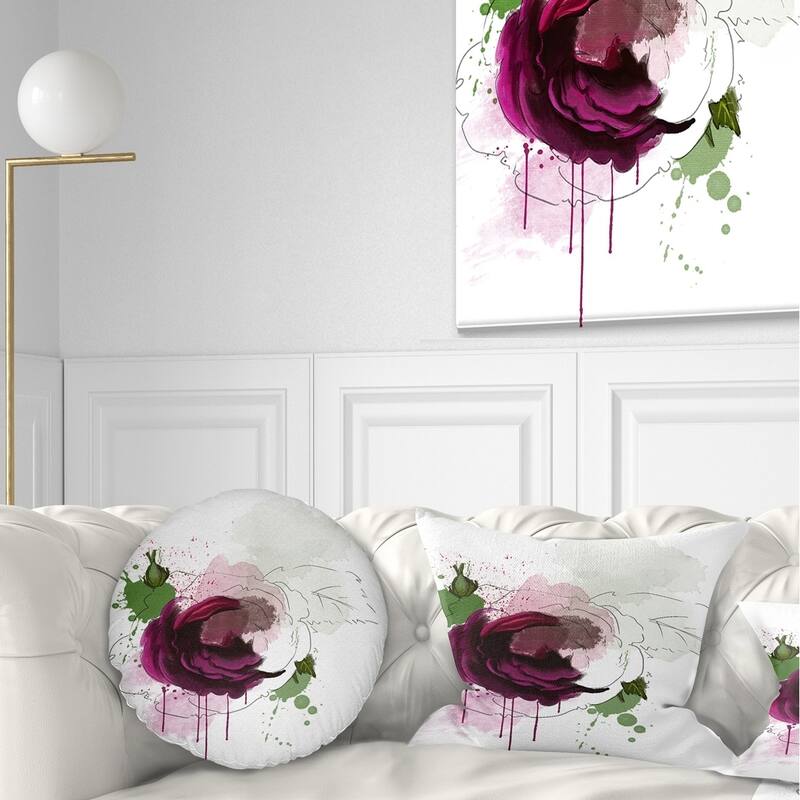 Designart 'Purple Rose Sketch Watercolor' Floral Throw Pillow - Round - 20 inches round - Large
