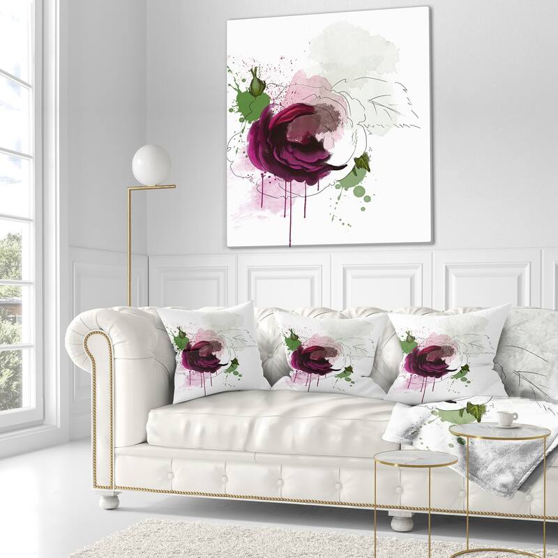 Designart 'Purple Rose Sketch Watercolor' Floral Throw Pillow