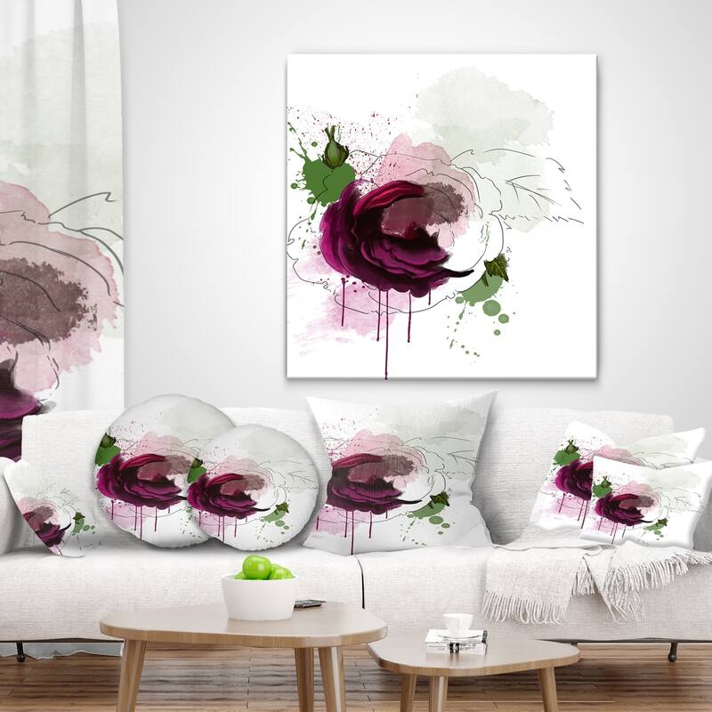 Designart 'Purple Rose Sketch Watercolor' Floral Throw Pillow