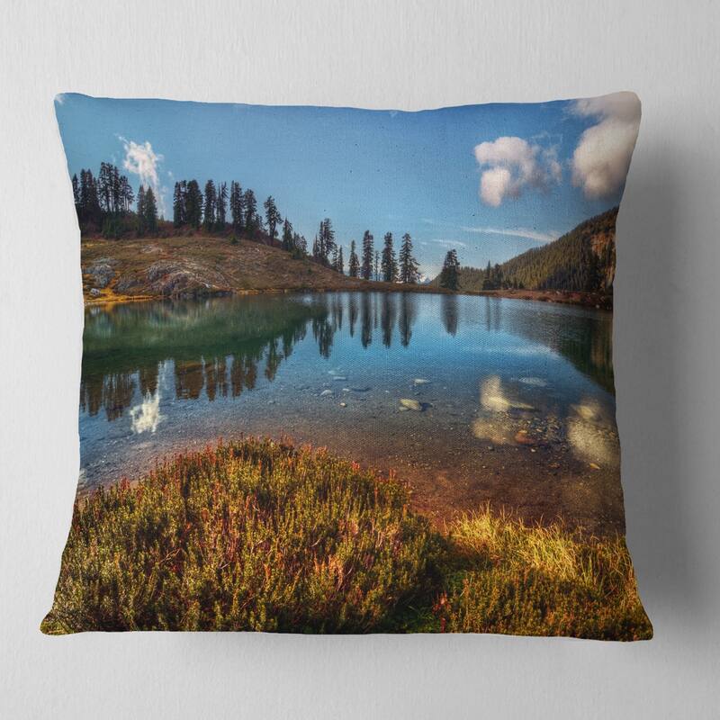 Designart 'Calm Mountain Lake and Clear Sky' Landscape Printed Throw Pillow - Square - 16 in. x 16 in. - Small