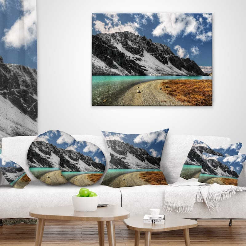 Designart 'Bright Sky and Blue Mountain Lake' Landscape Printed Throw Pillow