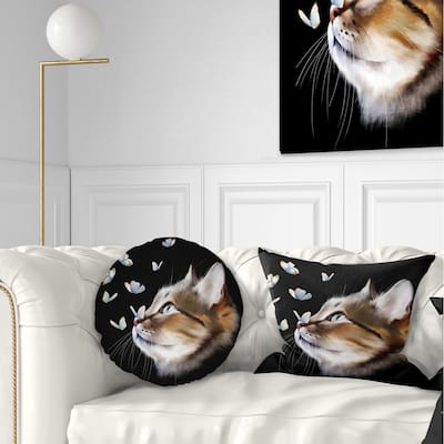 Designart 'Cat with Butterflies on Black' Animal Throw Pillow
