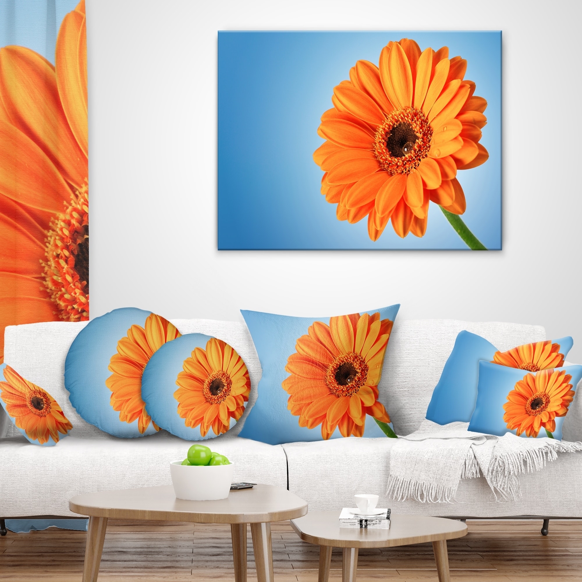 Designart Orange Daisy Gerbera Flower On Blue Floral Throw Pillow Overstock 20951466