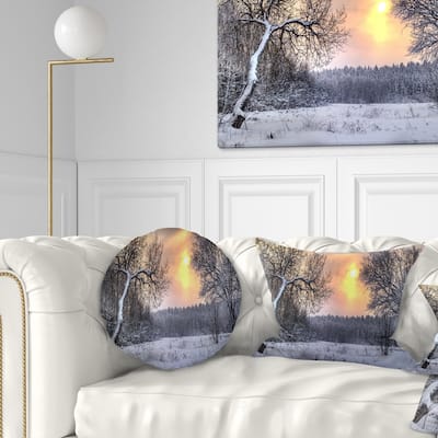 Designart 'Winter Landscape with Yellow Sun' Landscape Printed Throw Pillow