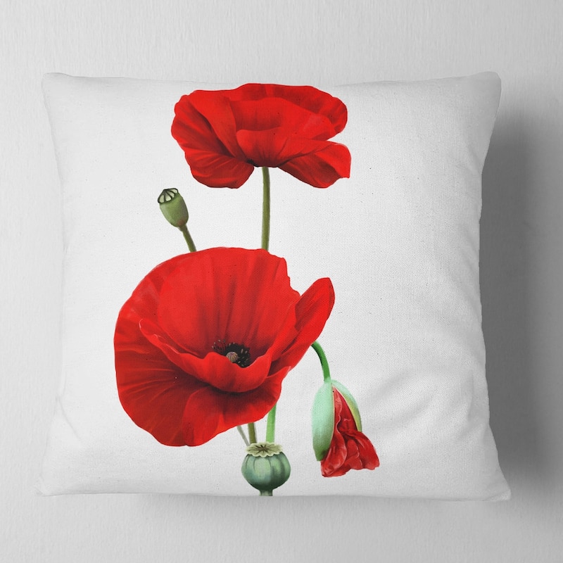 Designart 'Red Poppies on White Background' Floral Throw Pillow