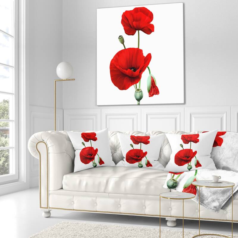 Designart 'Red Poppies on White Background' Floral Throw Pillow