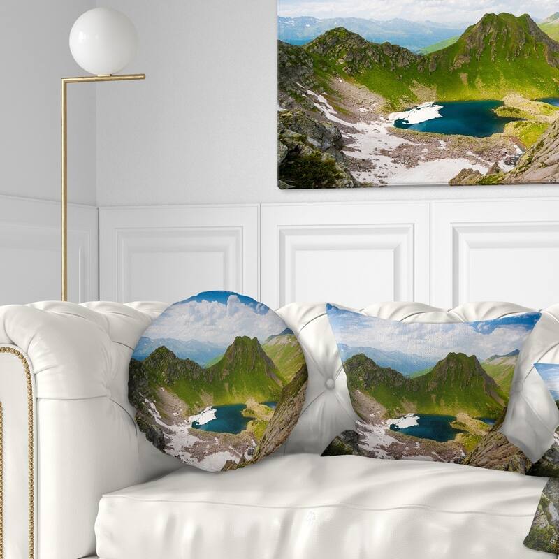 Designart 'Mountain Lake View on Bright Day' Landscape Printed Throw Pillow - Round - 20 inches round - Large