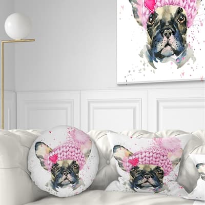 Designart 'French Bulldog with Pink Hat' Contemporary Animal Throw Pillow