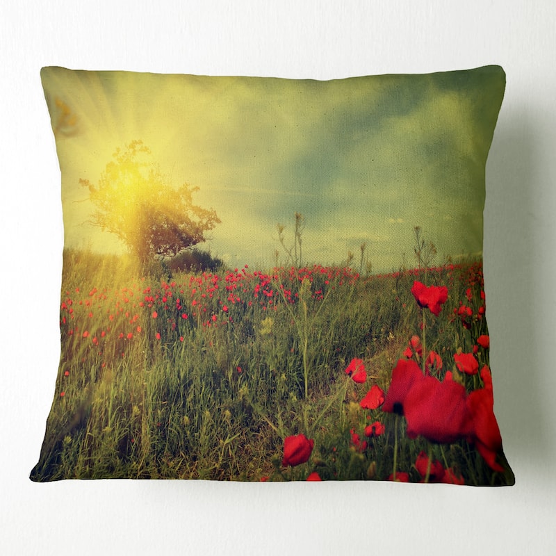 Designart 'Vintage Photo of Poppies at Sunset' Floral Throw Pillow - Square - 16 in. x 16 in. - Small