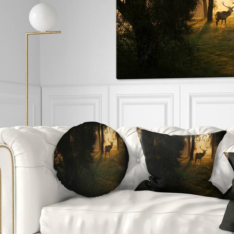 Designart 'Deer In Sunset In Deep Forest' Forest Throw Pillow - Round - 20 inches round - Large