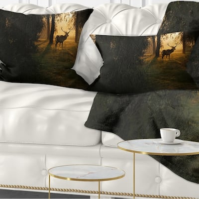 Designart 'Deer In Sunset In Deep Forest' Forest Throw Pillow