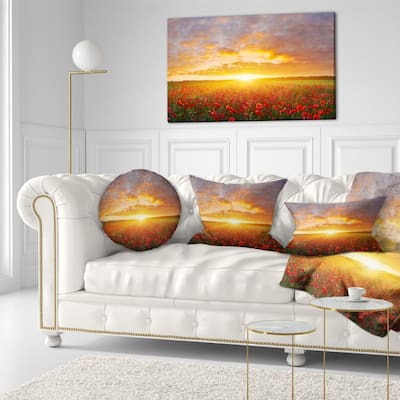 Designart 'Poppy Field under Bright Sunset' Landscape Printed Throw Pillow