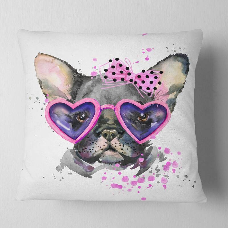Designart 'Cute Dog with Pink Glasses' Animal Throw Pillow