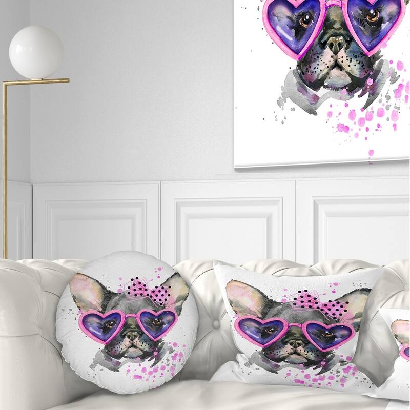 Designart 'Cute Dog with Pink Glasses' Animal Throw Pillow - Round - 16 inches round - Small