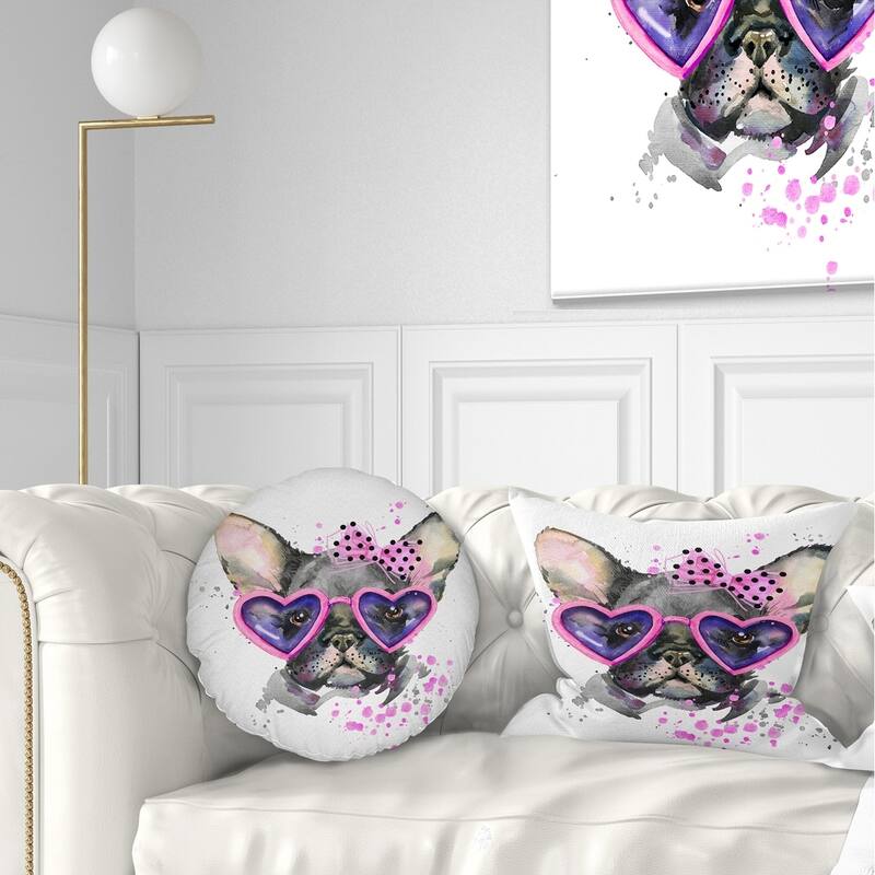 Designart 'Cute Dog with Pink Glasses' Animal Throw Pillow - Rectangle - 12 in. x 20 in. - Medium