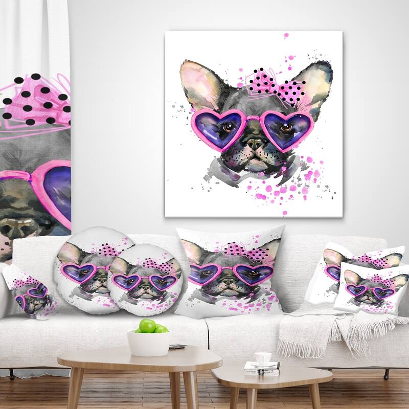 Designart 'Cute Dog with Pink Glasses' Animal Throw Pillow