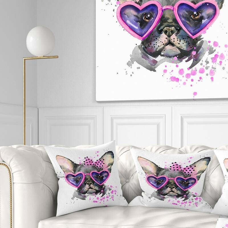 Designart 'Cute Dog with Pink Glasses' Animal Throw Pillow - Square - 18 in. x 18 in. - Medium
