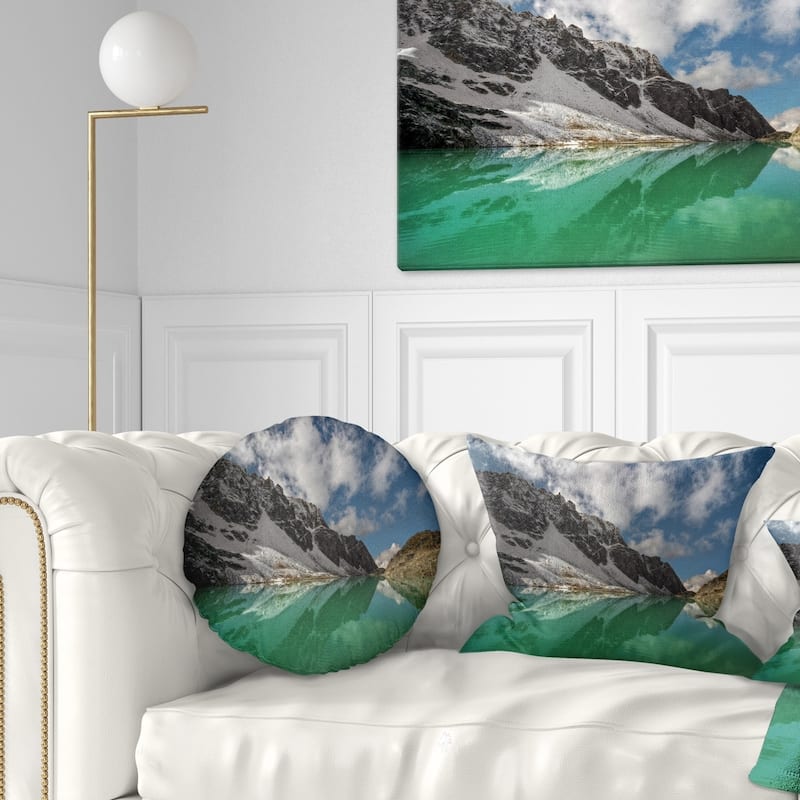 Designart 'Clear Mountain Lake under Bright Sky' Landscape Printed Throw Pillow - Round - 16 inches round - Small
