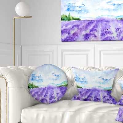 Designart 'Blue Lavender Fields Watercolor' Landscape Printed Throw Pillow