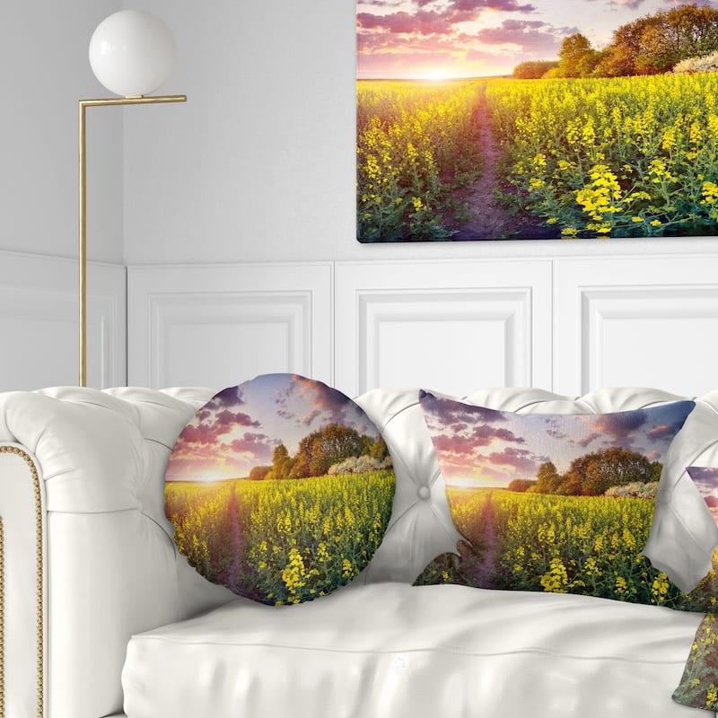 Designart 'Fantastic Yellow Field at Sunset' Landscape Printed Throw Pillow - Round - 20 inches round - Large