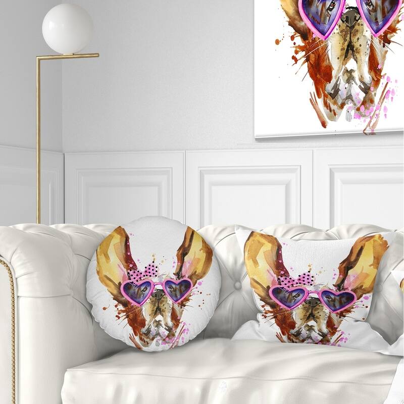 Designart 'Brown Cute Dog with Heart Glasses' Animal Throw Pillow - Rectangle - 12 in. x 20 in. - Medium