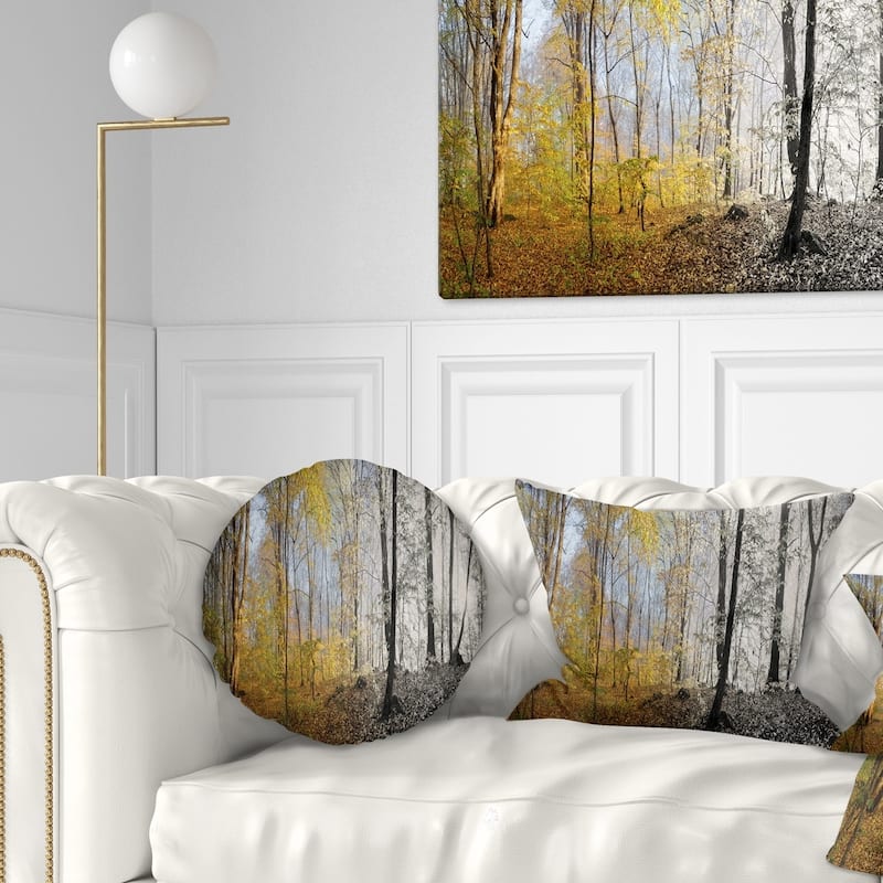 Designart 'Yellow Morning in Forest Panorama' Landscape Printed Throw Pillow - Round - 20 inches round - Large