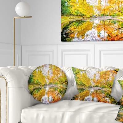 Designart 'Bright Fall Forest with River' Landscape Printed Throw Pillow