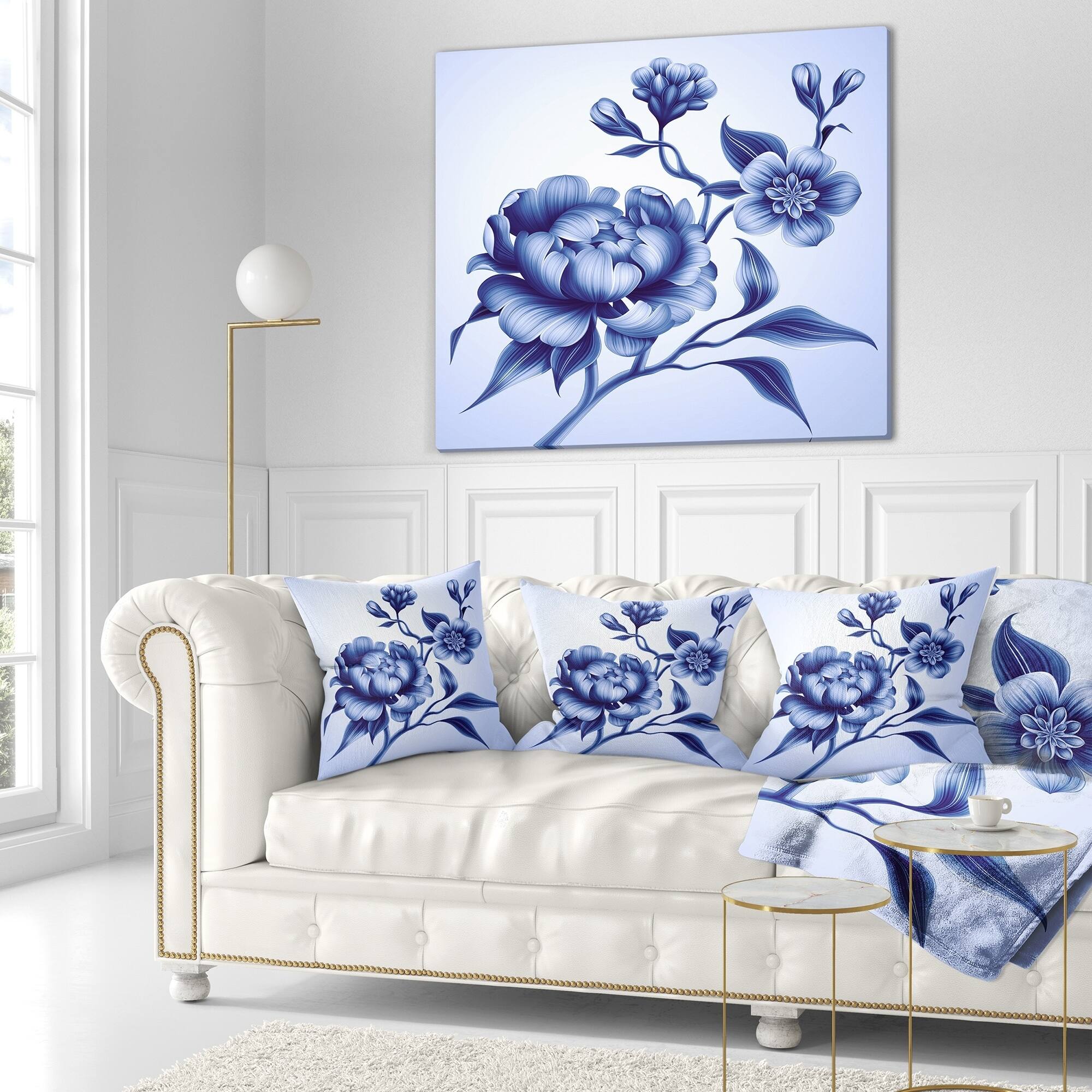 Designart 'Blue Peony Rose and Sakura Flowers' Floral Throw Pillow - On ...