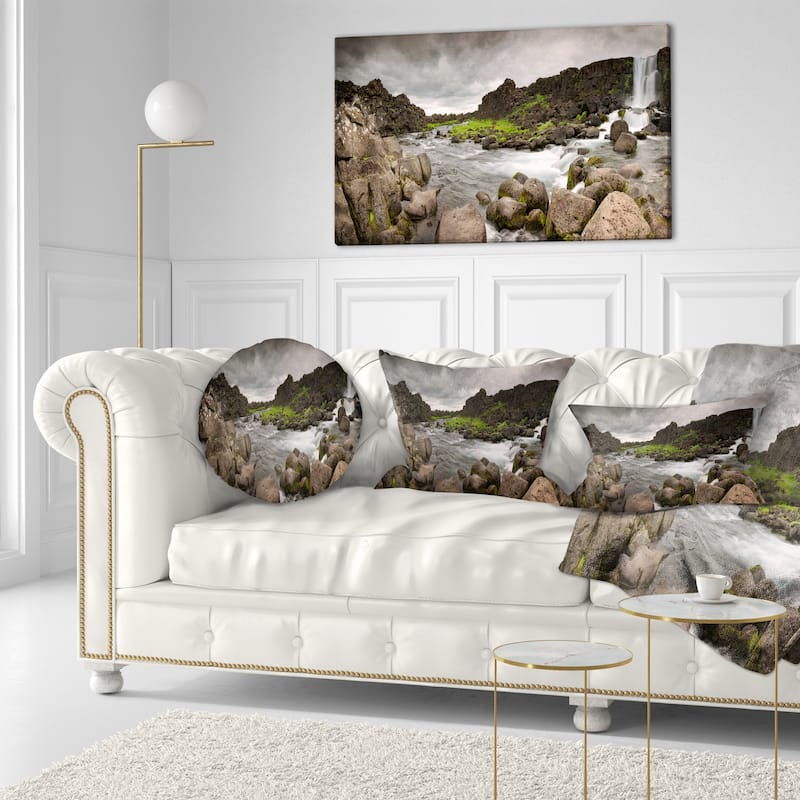 Designart 'Dramatic Oxarafoss Waterfalls' Abstract Throw Pillow - Bed ...