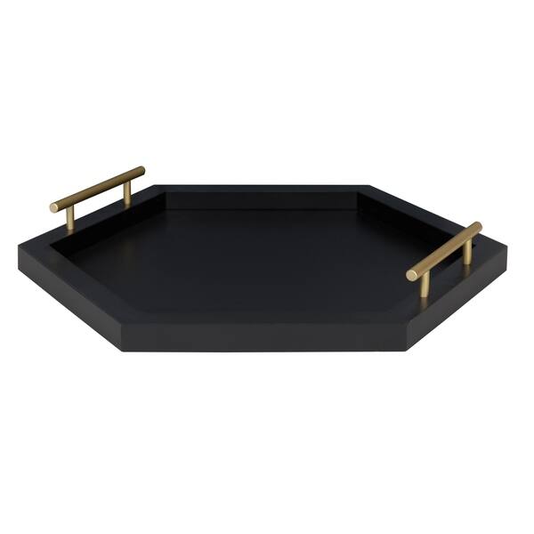 slide 3 of 10, Halsey Hexagon Decorative Wood Tray with Polished Metal Handles Black