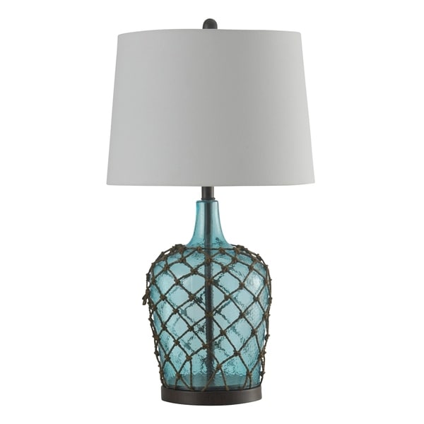Cayos Blue Table Lamp - White Hardback Fabric Shade