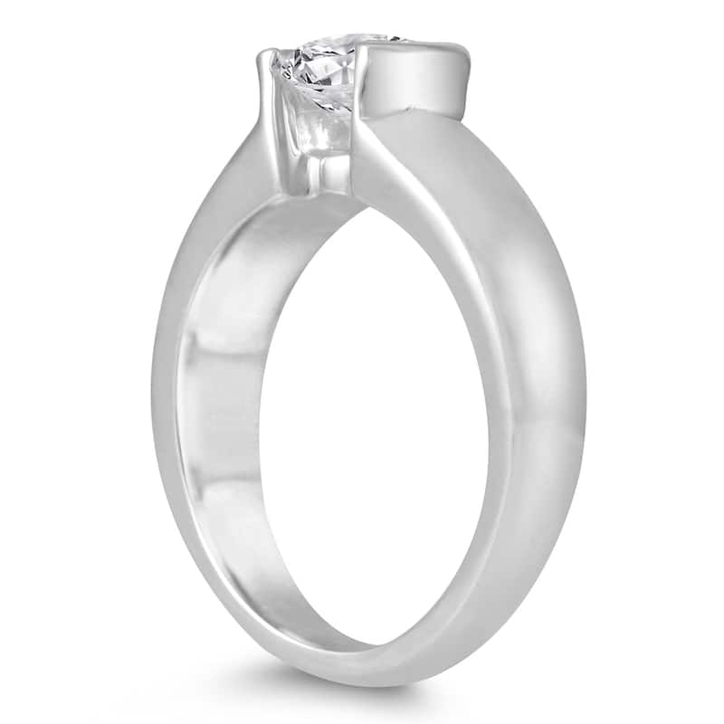 AGS Certified 3/4 Carat Half Bezel Diamond Solitaire Ring in 14K White Gold (I-J Color, I2-I3 Clarity)