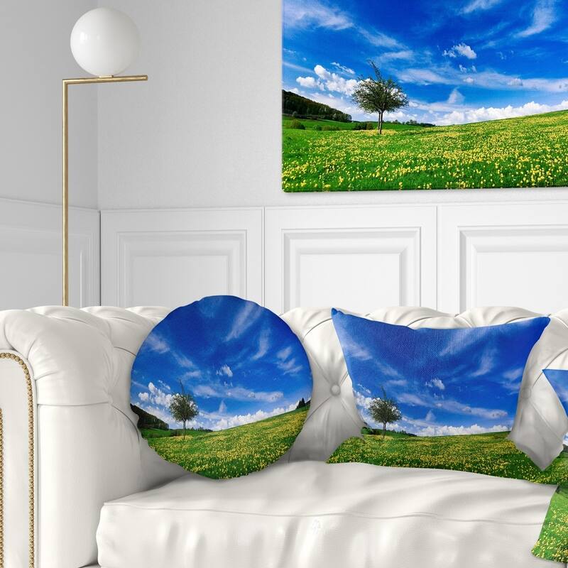Designart 'Spring Landscape Green Fields' Landscape Printed Throw Pillow - Round - 20 inches round - Large