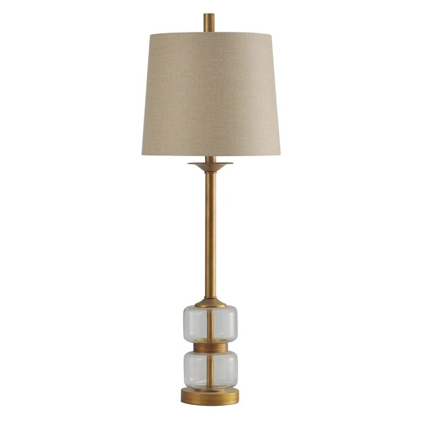 Midfield Clear Glass and Gold Table Lamp - Beige Hardback Fabric Shade