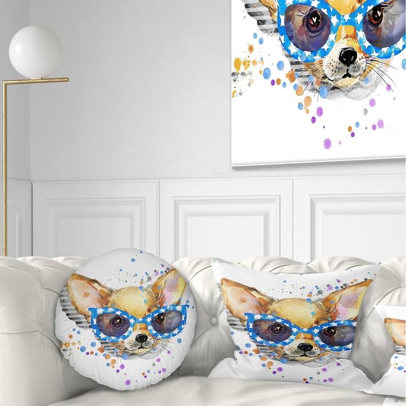 Designart 'Cute Puppy with Blue Glasses' Animal Throw Pillow - Round - 20 inches round - Large
