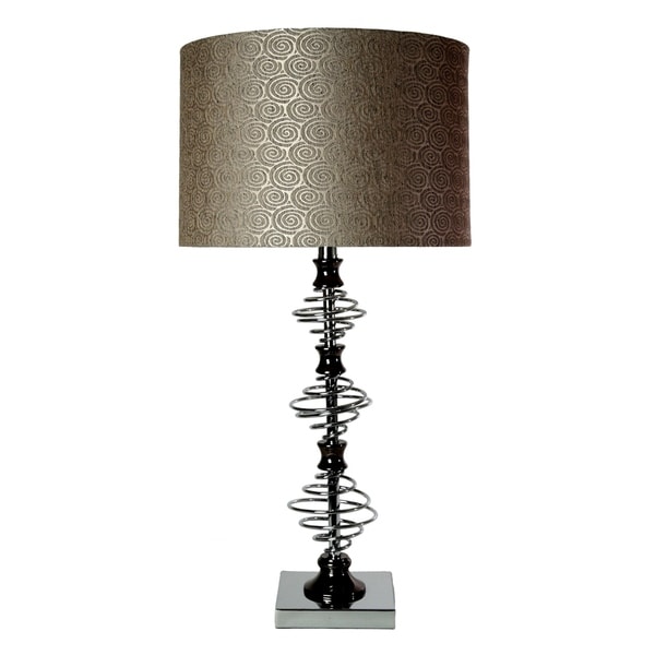 Chrome And Black Nickel Table Lamp Brown Designer Pattern Hardback Fabric Shade