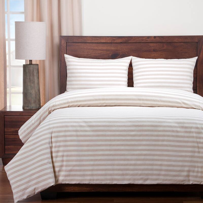 Siscovers Cotton Blend Farmhouse Stripe Duvet and Shams Set - White/Brown - Queen - 3 Piece