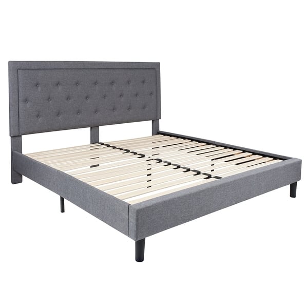 Logan King Size Light Grey Fabric Platform Bed with Button Tufted ...