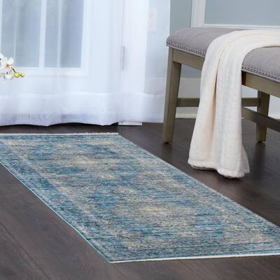 Artisan Blue Distressed Medallion Area Rug with Fringe by Nicole Miller - 26"x94"