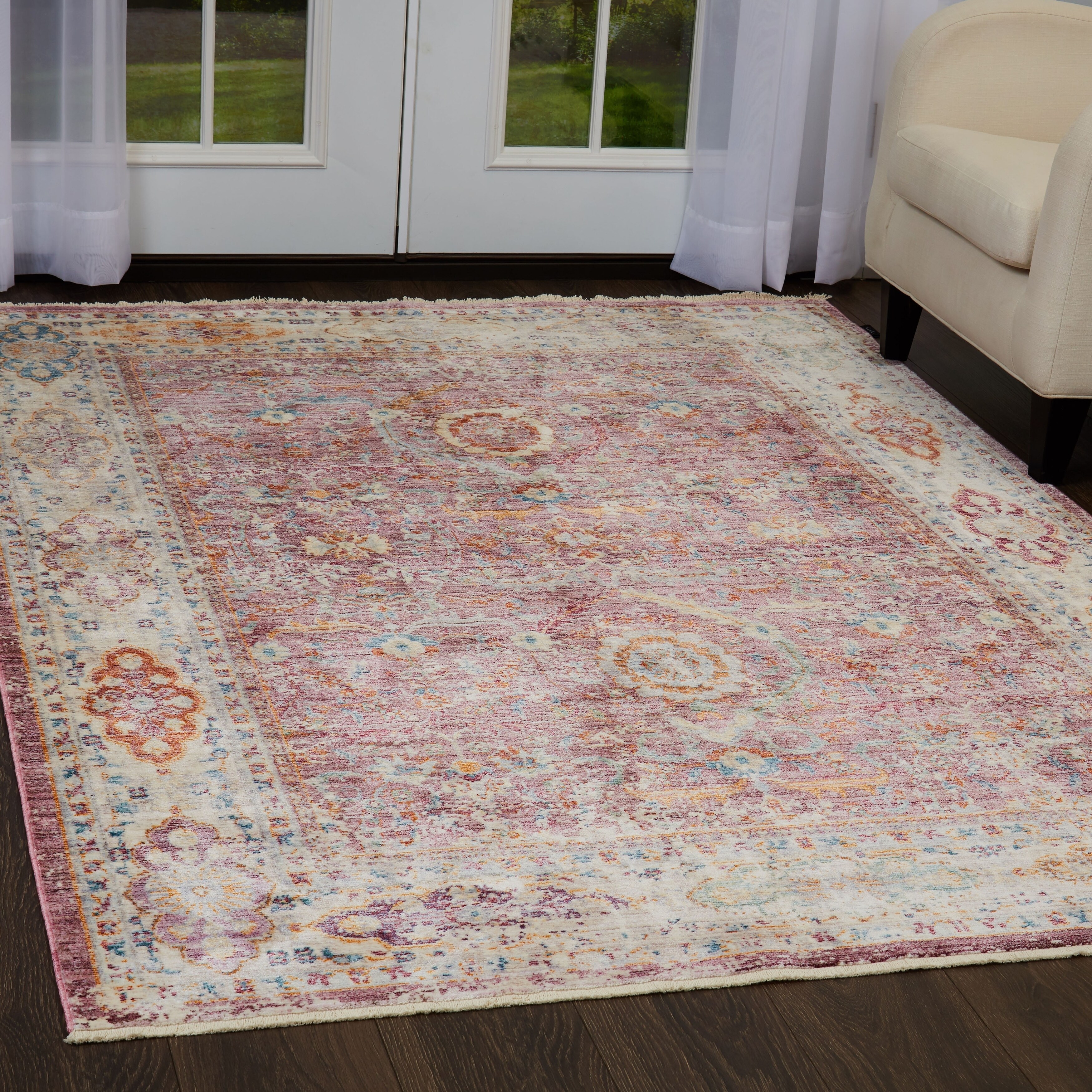 Artisan Pink-Ivory Distressed Area Rug with Fringe by Nicole