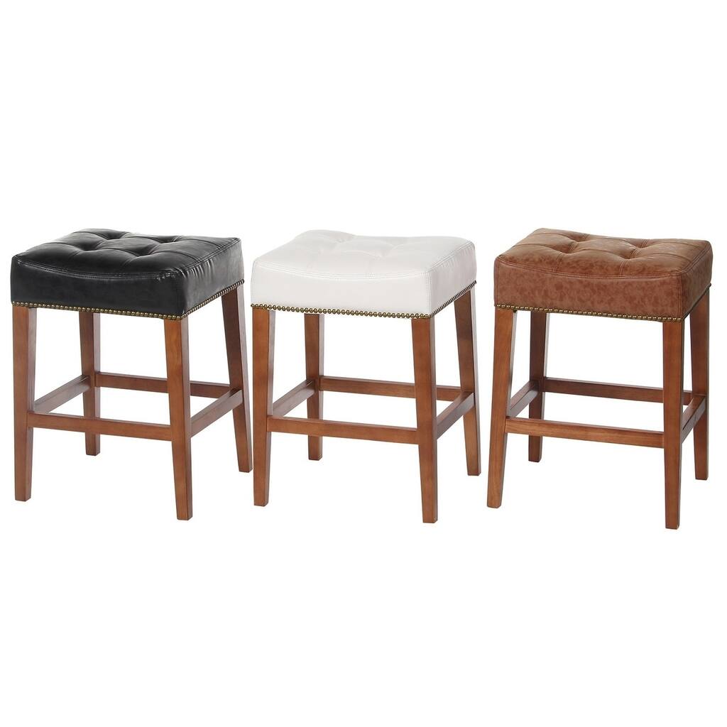 Nashville 24 Inch Low Counter Stool, Vintage Leather, Nailhead Trim