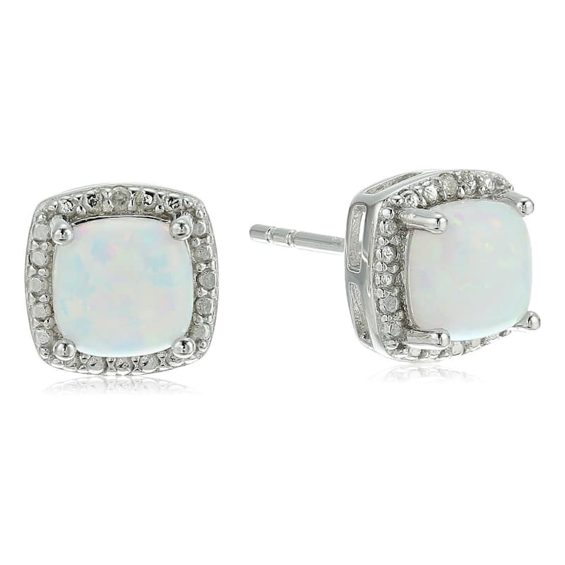 Sterling Silver Created Opal Cushion & Diamond Accented Halo Stud Earrings - White