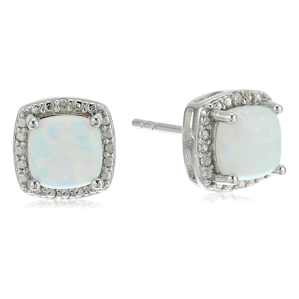 Sterling Silver Created Opal Cushion & Diamond Accented Halo Stud Earrings - White
