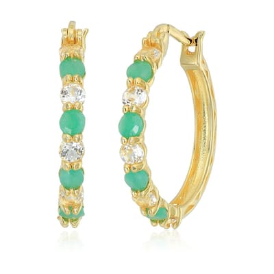 Yellow Gold-plated 2 cttw Emerald and White Topaz Hoop Earrings, 1"