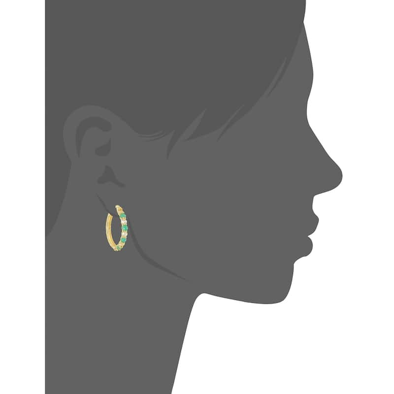 Yellow Gold-plated 2 cttw Emerald and White Topaz Hoop Earrings, 1"